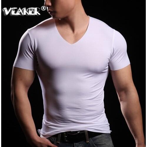 Cheap Wholesale Mens Modal Tshirts Gyms Short Sleeve Tops Ice Silk Elastic Deep V Neck Sexy Summer Modal T-shirt Plus Size L-6XL