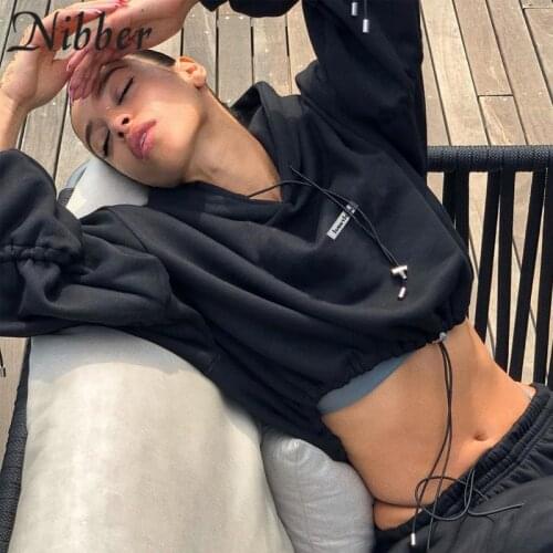 Nibber Autumn Fashion Short Sweater Pullover Black Hooded Drawstring For Street Cool Girls Women’s Casual Outing Sportswear