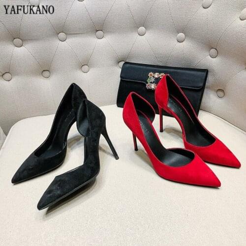 10CM Thin Heels High Heels 2020 New Red Nude Flock Side Opening Women Pumps Elegant Office Lady Pointed Toe Wedding Party Shoes
