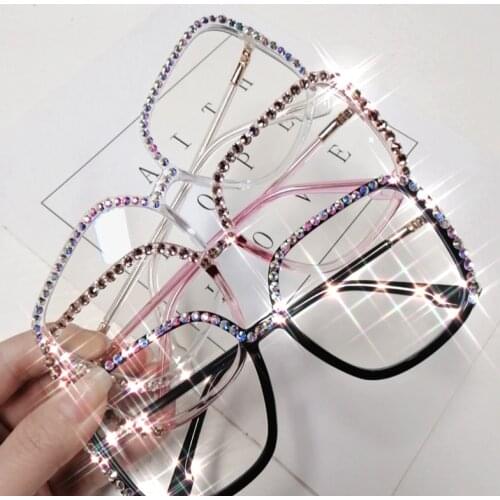 Oversized Diamond Square Glasses Frame Women Eyeglasses Brand Design Luxury Crystal Clear Lens Glasses oculos de sol feminino