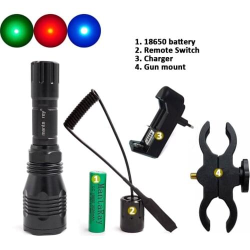 Hunting LED Flashlight Green Blue Red Light Tactical Spotlight Lantern Torch Lamp HS-802 + Remote Switch Gun Mount 18650 Charger