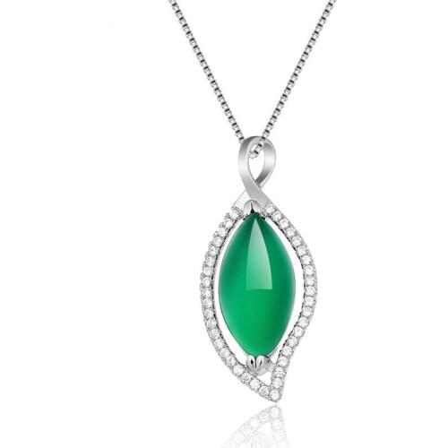 925 Silver Natural Green Jade Chalcedony Inlaid Leaves Pendant Necklace Jadeite Chalcedony Amulet Fashion Jewelry Gifts Women