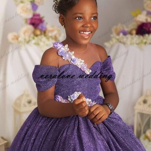 Princess Sequins Flower Girl Dress Off the Shoulder Lavender Formal Girl Party Dresses Kids A Line Prom Party Wear