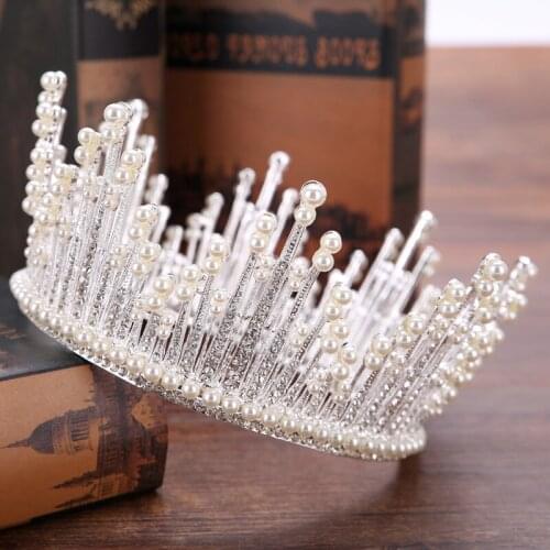 Luxurious Round Pearl Bridal Tiara Crown Bride Headpiece For Women Diadem Wedding Hair Jewelry Accessories
