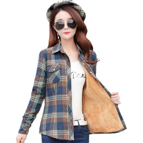 New Women Wool Thicken Plaid Shirts Female M-5XL Flannel Long Sleeve Blouses Cotton Cashmere Shirt Winter Pockets Slim Tops