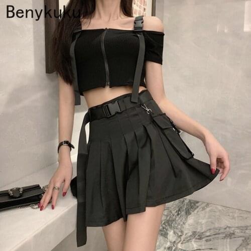 Gothic High Waist Pleated Mini Skirts Womens Fashion Streetwear 2020 Korean Women Hip Hop Cargo Punk Sexy Black Skirt with Belt