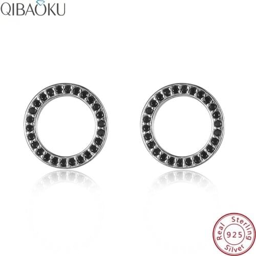 Sterling Silver 925 Stud Earrings for Women Fine Jewelry Retro Cool Black Zirconia Earring Round Simple Design