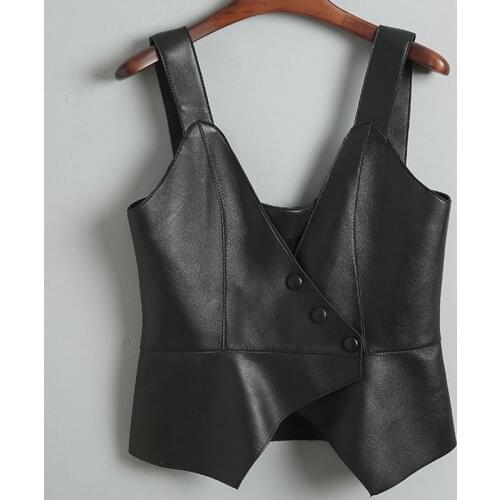Women Casual Single Breasted Straps Vest Short Tops V Neck 100% Sheepskin Genuine Leather Sleeveless Jacket Outwear Waistcoat