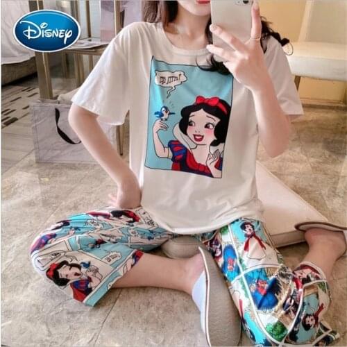Disney Female Mickey Pajamas Short Sleeve Cropped Pants Summer Snow White Comic Print Fashion Student Home Cloth Suit
