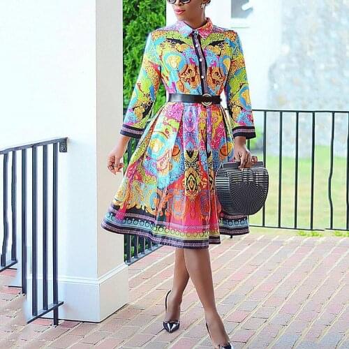 Formal Dress Women Elegant Office A Line Wrist High Waist Print Turn Down Collar Fashion Work Business Vestidos Dresses Midi ol