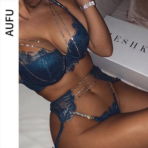 AUFU Sexy Lingerie Underwear For Women Push Up Bra Rhinestone Bra & Brief Set Underwire Bralette and Panties Erotic Lingerie