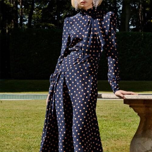 Runway 2020 Women High Quality Designer Retro Vintage Polka Dot Print Audrey Hepburn Style Bow Neck Pleated Long Dress