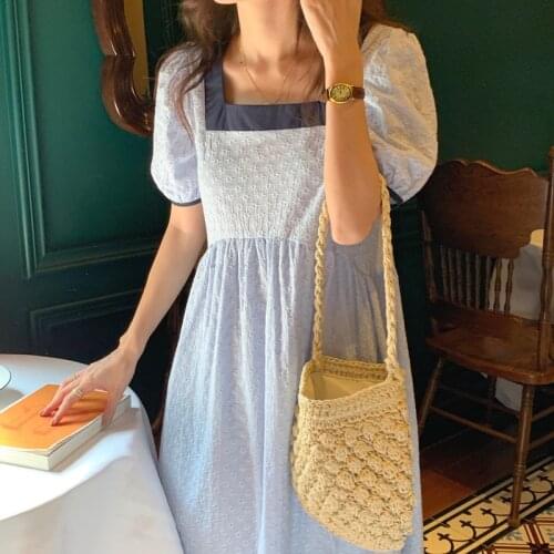 Women Summer Patchwork Long Dress 2021 New Jacquard Square Collar High Waist Loose A-Line Midi Sundress