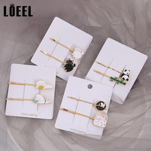 2Pcs/Set New Creative Cat Panda Cartoon Animals Barrettes Hairgrips Alloy Hairpins Headdress Fashion Accessories For Women Girls