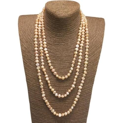 3 rows real pearl 6x7mm pink necklace flat baroque Freshwater PEARL Women Jewelry 43cm 17