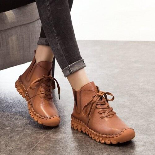 Lace-up Genuine Leather Women Boots A518 New 2018 Fashion Casual Low Tube Round Toe Real Leather Shoes Winter Shoes Warm Thick
