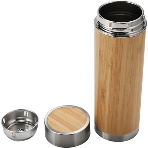 Eco-Friendly 15oz Bamboo Wooden Stainless Steel Water Bottle Natural Wood Tea Cups Double Walls Vacuum Bamboo Bottle