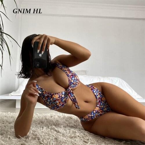 GNIM Sexy Retro Floral Print Swimsuit Women 2 Pieces Bikini Set Bow Bathing Suit 2021 Summer Beachwear High Cut Swimwear Biquini