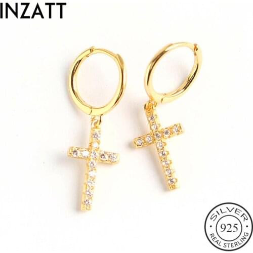 INZATT Real 925 Sterling Silver Geometric Zircon Cross Hoop Earrings For Fashion Woman Party Cute Fine Jewelry Accessories