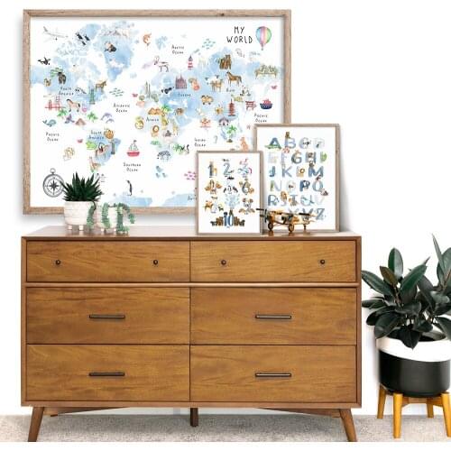 Blue Animal Alphabet Poster Numbers Nursery Art Print Kids World Map Canvas Painting Modern Wall Picture For Playroom Home Decor