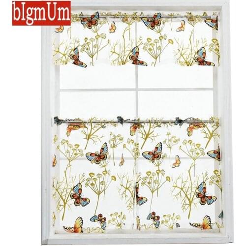 Short Curtains for Kitchen Tulle Sheer Voile For Bathroom Laundry Room Floral Drapes Butterfly 1set W150*H36cm*1pc W75*H72cm*2pc