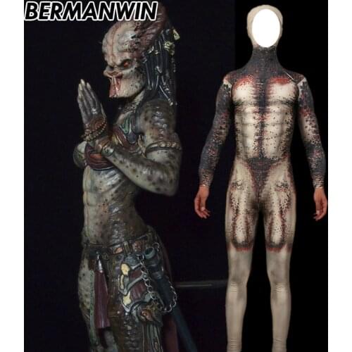 BERMANWIN High Quality Predator Cosplay Costume Newest Movie The Predator Fullbody Suit Halloween Predator Spandex Basic Outfit