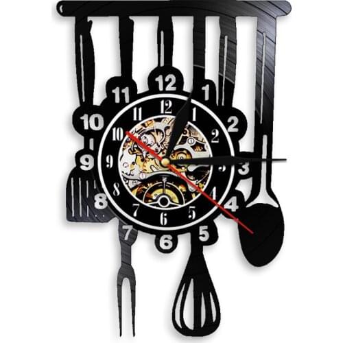 Kitchen Cutlery Vinyl Record Restaurant Wall Clock Cooking Instruments Tools Cookhouse Party Chef Home Art Decor Clocks Watch