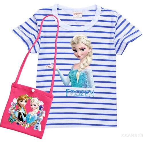 Girls Summer Short Sleeve Striped T-Shirt + Bag Kids Clothes Frozen Anna Essa