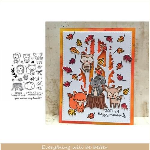 Mix Cute Aimals Owl Fox Deer Hedgehog Squirrel Pumpkin Autumn Nuts Words Clear Silicone Stamps For Scrapbook Craft Paper Cards