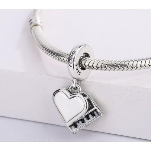 Music Series 925 Sterling Silver Grand Piano Heart Dangle Beads Pendant Charms Bracelet DIY Jewelry Making For Pandora