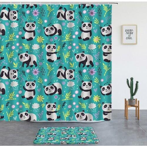 Cartoon Animals Panda Shower Curtains Set Child Room Decor Carpet Bath Mats Green Bathroom Screen Entrance Door Mat Non-slip Rug
