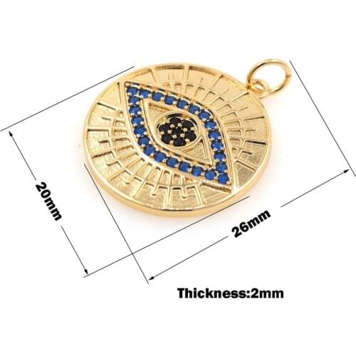 Round Coin Blue Evil Eye Pendant Cubic Zirconia Necklace Micropave Pharaoh Eye Charm Eye Charm DIY Jewelry Components 26×20×2mm