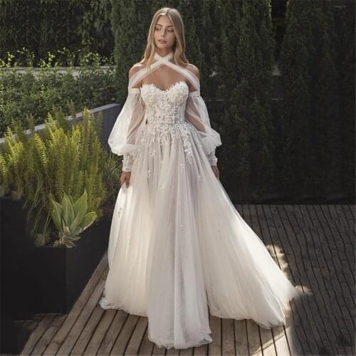 Soft Tulle Boho Wedding Dress Long Puff Sleeve Floral Lace Pearls Bride Dress 2021 Beach Off Shoulder Wedding Party Gowns