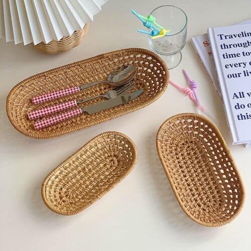 Woven Storage Tray Rattan Bread Storage Basket Handmade Snack Sundries Basket Japanese Fruits Plate Desserts Pallet Kitchen Tool