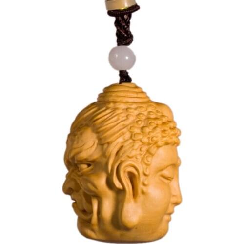 Boxwood carving handicraft Buddhist script player man as Buddha and man as devil as solid wood car pendant