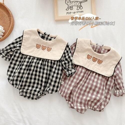 Spring New Baby Bodysuits Cute Little Bear Print Long Sleeve Baby Boys Bodysuit Kids Plaid Jumpsuit For Girls Clothes