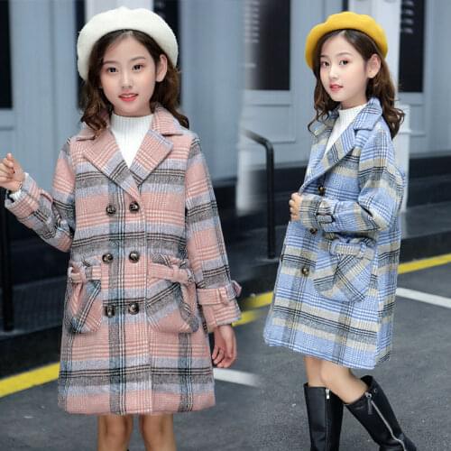 Girl Wool Coat for Autumn Winter 2021 New Fashion Turn Collar Plaid Kids Jackets Plus Cotton Childrens Outerwear High Quality