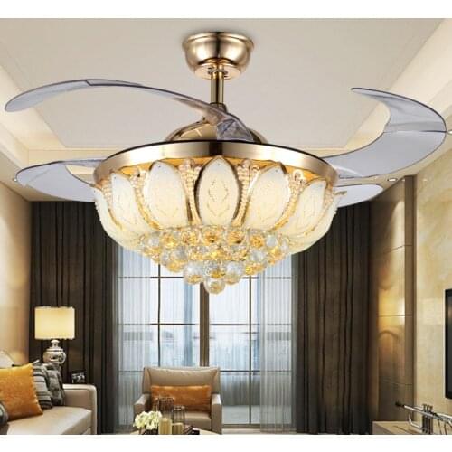 LED Ceiling Fan Crystal Chandelier Light Modern Invisible Light Living Room Crystal Led Ceiling Fan with Lights Remote Control