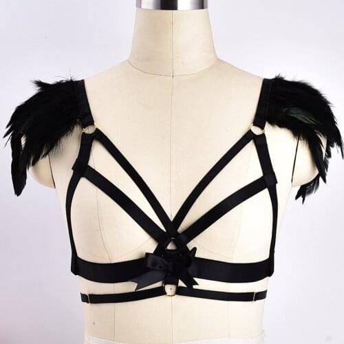 Womens Sexy Fetish Feathers Bow Harness Epaulette Cage Bra Feathers Gothic Body Harness Belt Angel Wings Bondage Lingerie Rave