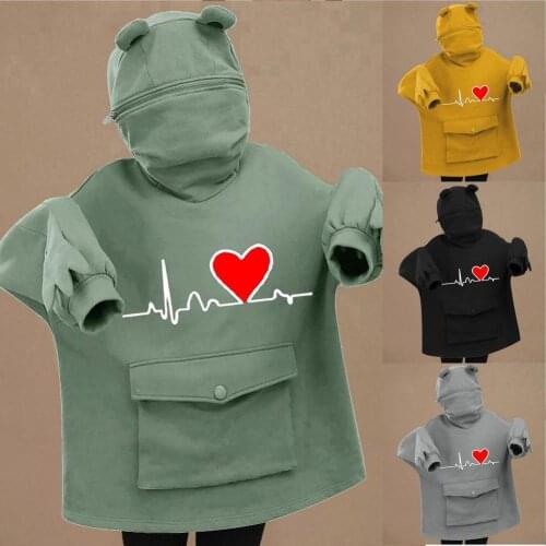 Harajuku Women Hoodie Frog Pullover Winter Sense Hooded Casual Sweatshirts Autumn Heart Print Loose Top Doll Decoration Hoodies