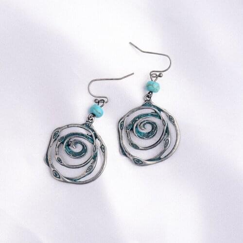 2020 Womens Geometric Silver Color Earrings With Blue Beads Ethnic Whirlpool Alloy Drop Earrings Gypsy Oorbellen