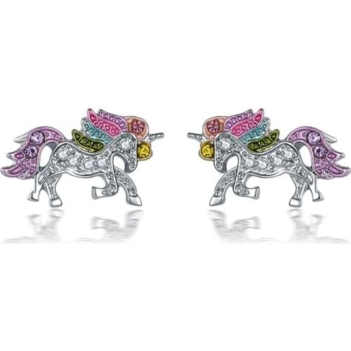 Unicorn Licorne Stud Earrings for Women Girl Cute Silver Color Clear CZ Jewelry Party Gift