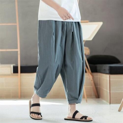 Plus Size Man Cotton Linen Cropped Cross Pants 2020 Summer Male Casual Wide-Leg Pants Ankle-Length Bloomers Trousers M-6XL 7XL