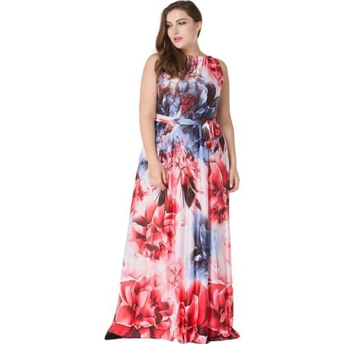 Plus Size Women Long Red Print Beach Dress Summer O-Neck Bohemian Floor Length Long A Big Pendulum Maxi Dress