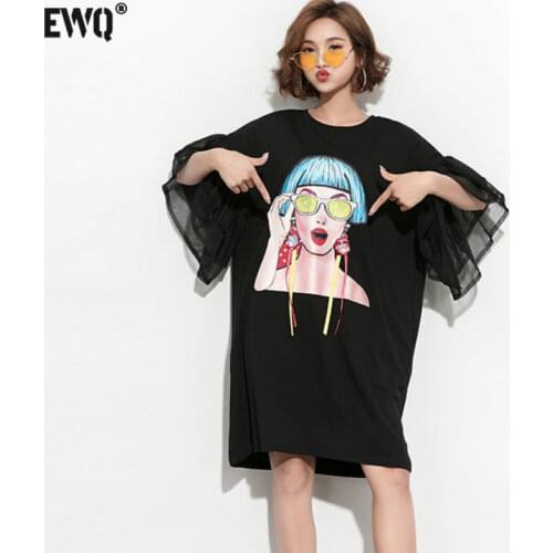 [EWQ] 2021 Autumn Flare Sleeve Mesh Cartoon Fashion Women Robe Korean O Neck Large Size Casual Women Tassel T-shirt Style Dress