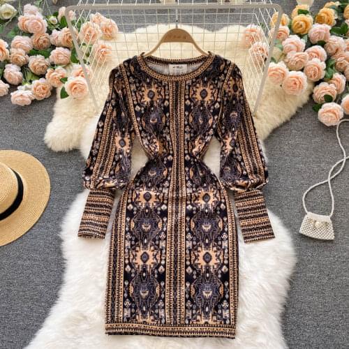 Dresses for women vintage dress woman o-neck bodycon long puff sleeve knee-length vestidos plus size female vestido 2021 hot