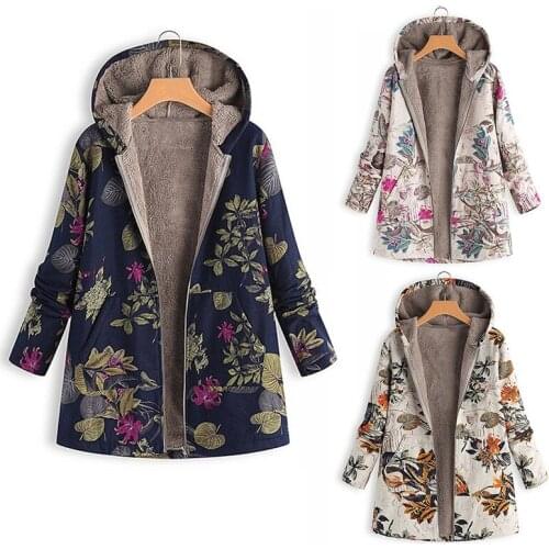Women Floral Leaves Printed Hooded Coat Winter Fluffy Fur Fleece Jacket Oversize Outwear Warm Zip Up Long Sleeve Jacket Coat