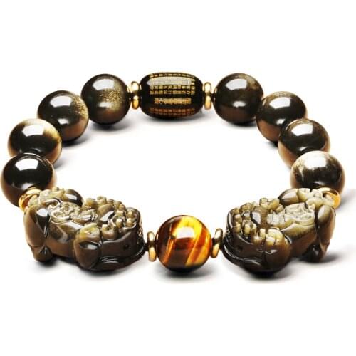 Obsidian Double Skull Bracelet Men Bracelets Lucky Beads Prajna Paramita Natural Stone Gold Black Strand Bracelet Women Jewelry