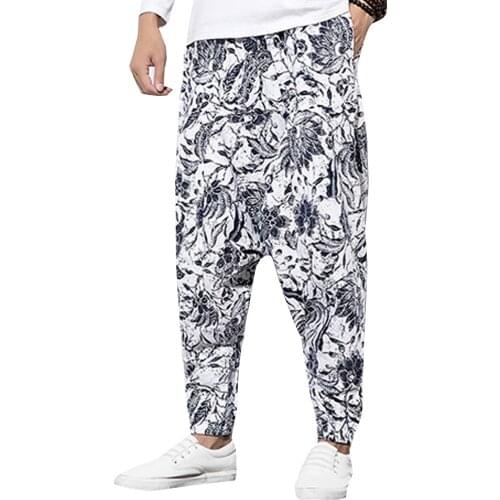 Mens Fashion Harem Pants Elastic Waist Band Printed Wild Fashion Deep Pockets Bottoms Jogger Sport Wide Leg Hip Hop Trousers
