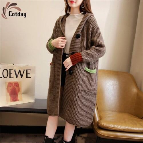 Cotday Long Single Breasted Womens Winter Warm Sweaters Dark Grey Thick Knitted Coats With Hoodies Overszied Sweaters Cardigan